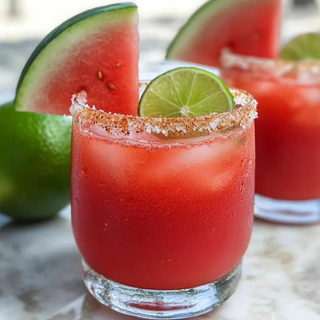 Ein Glas mit rotem Drink, dazu ein Stück Wassermelone und Limette.