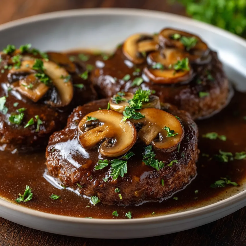 Ein Teller Fleisch mit Pilzen darauf.