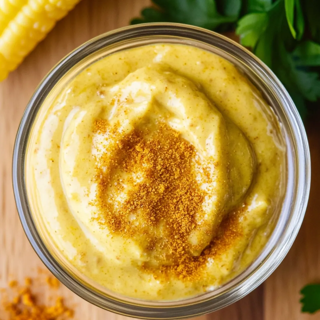 Glas mit cremigem Dip, Löffel steckt drin.