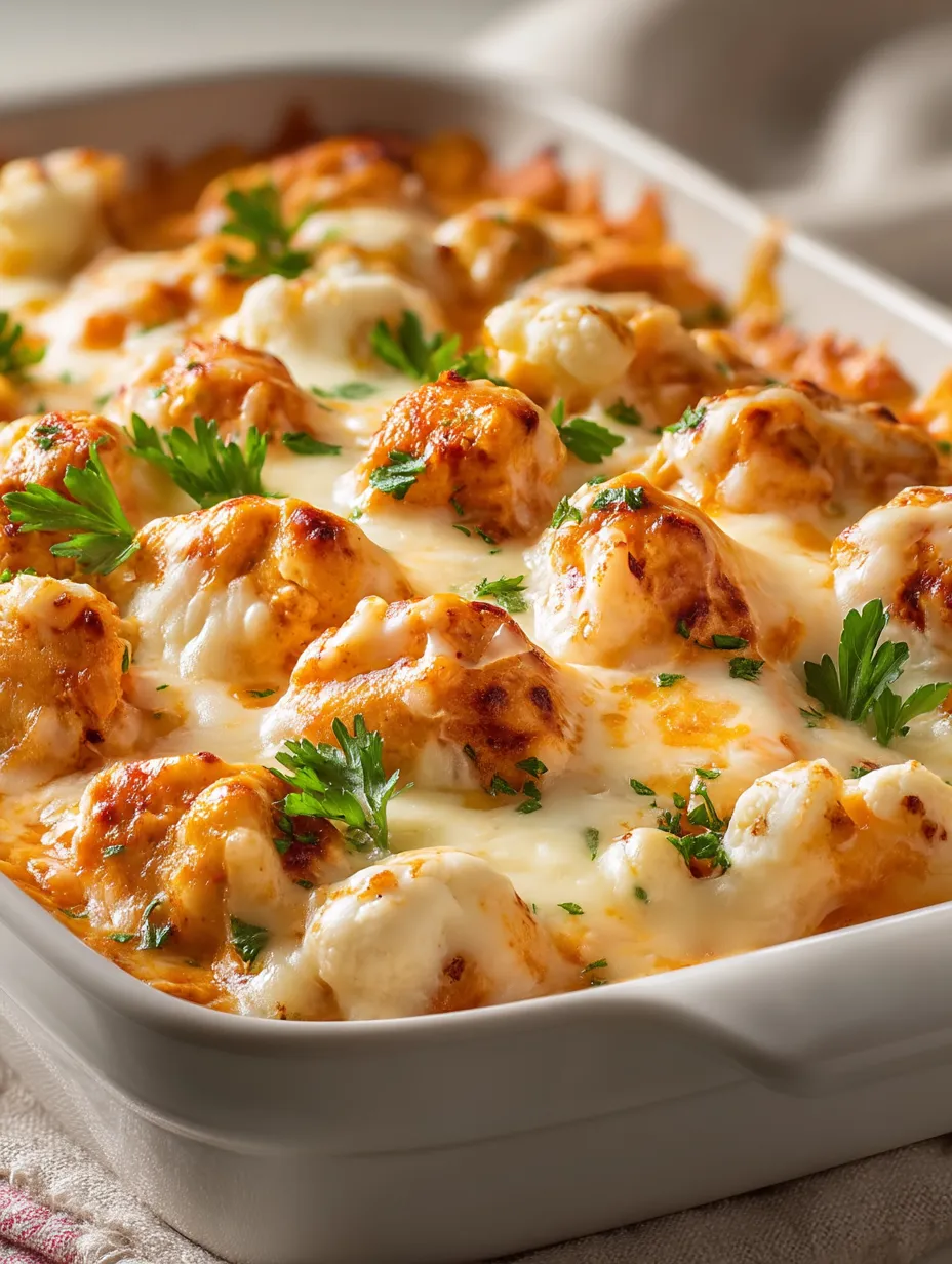 Ein Gericht mit cremigem Buffalo-Chicken-Blumenkohl.