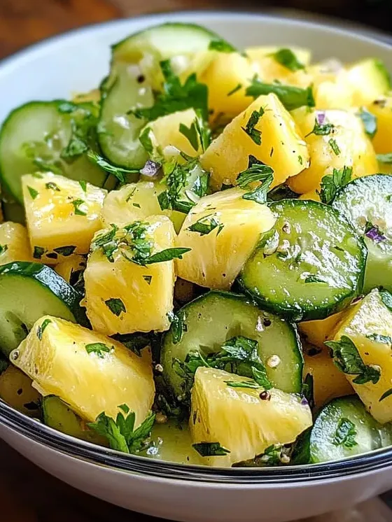 Eine Schale mit geschnittener Ananas und Gurke.