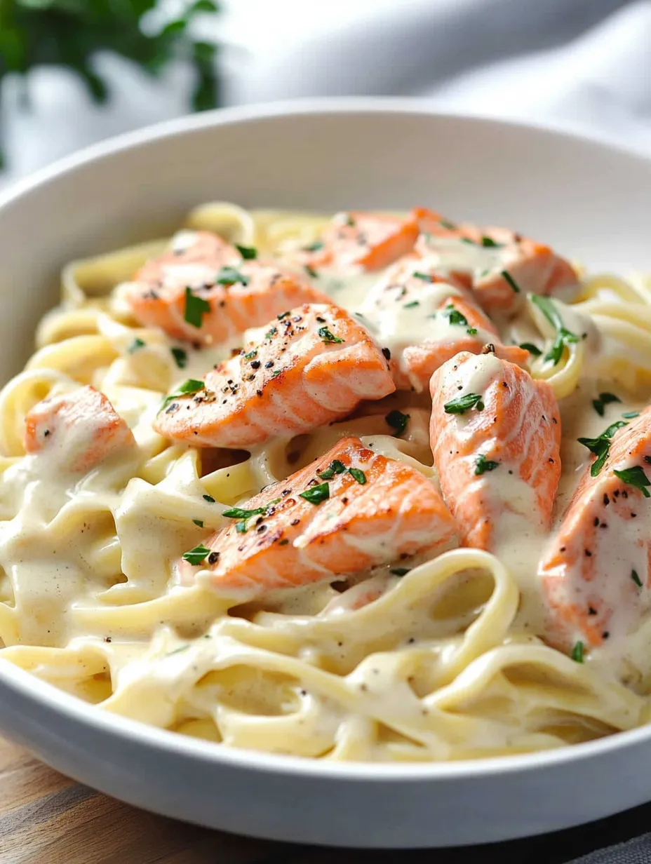 Eine Schale Pasta mit Lachs und Käse.