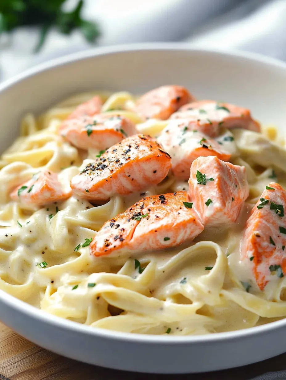 Eine Schale Pasta mit Lachs oben drauf.