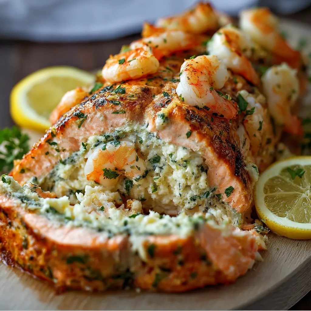 Ein Fischfilet, getoppt mit gebratenen Garnelen.