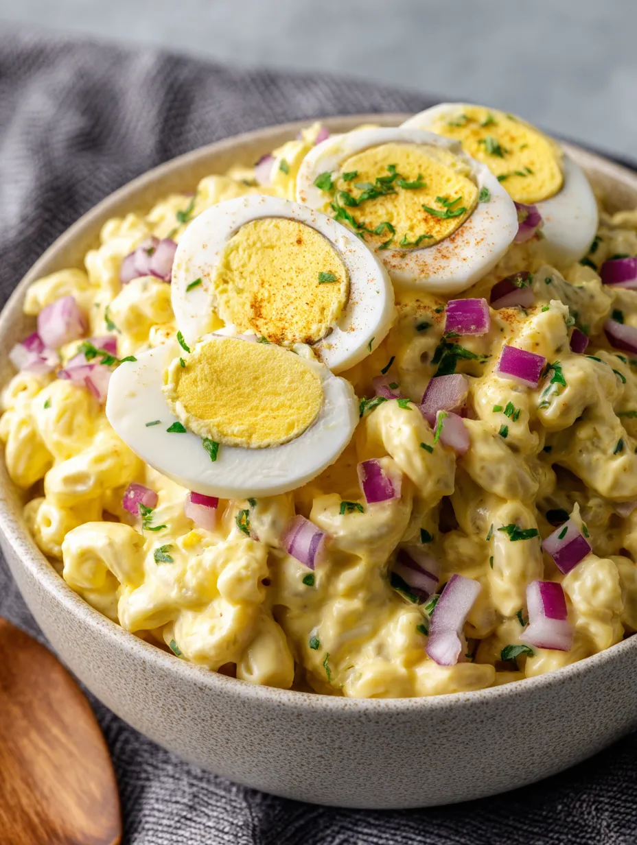 Schüssel mit Nudeln und Eiern oben drauf.