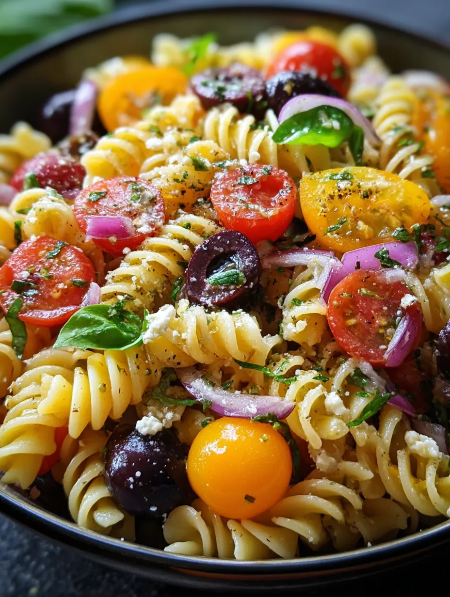 Eine Schüssel Nudeln mit Tomaten, Zwiebeln, Oliven und Käse.