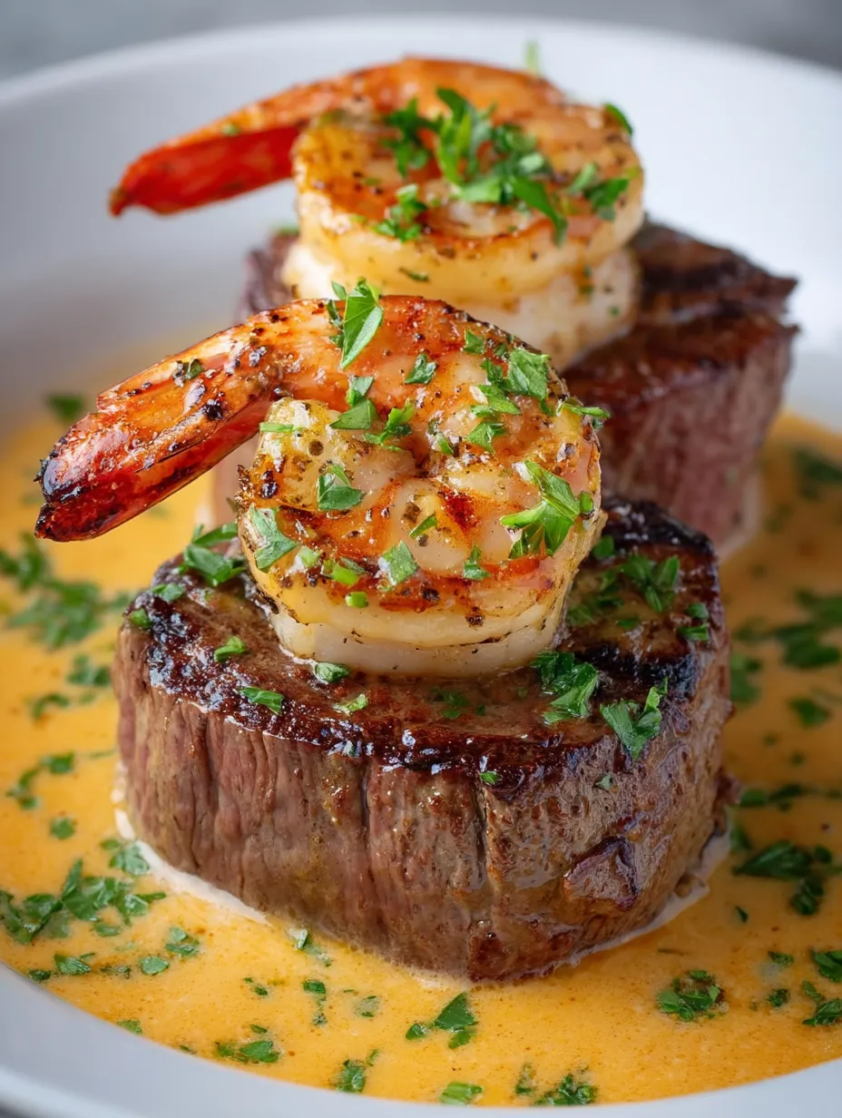 Steak mit Garnelen obendrauf.
