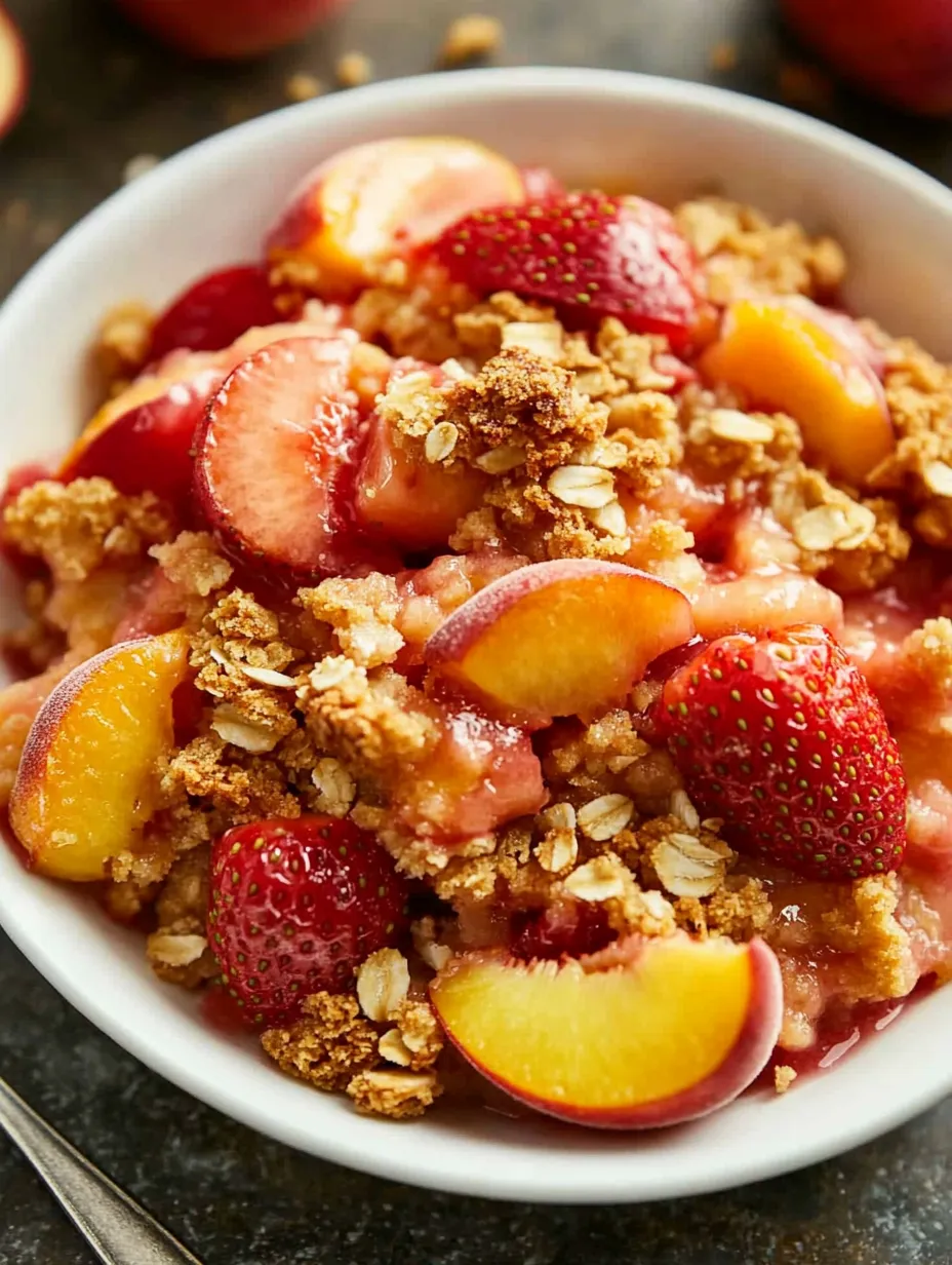 Eine Schüssel mit Erdbeeren, Pfirsichen und anderem Obst.