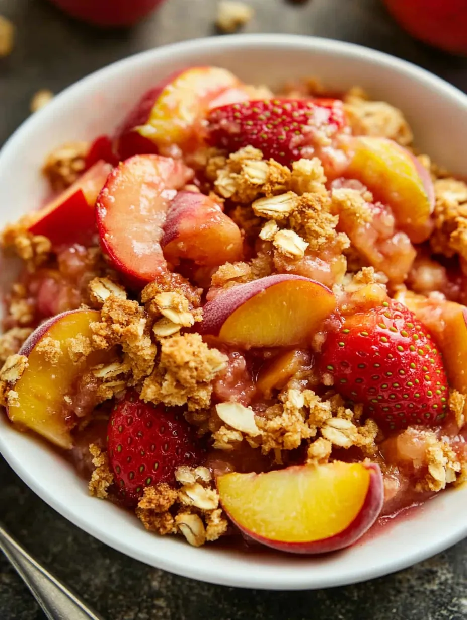 Eine Schüssel mit Erdbeeren, Pfirsichen und Äpfeln.