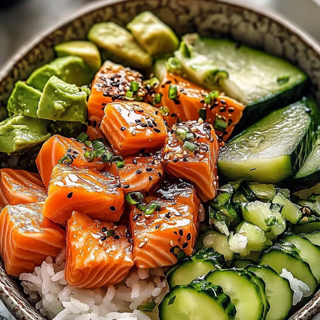 Eine Schale mit Reis, Gurken und Avocado.