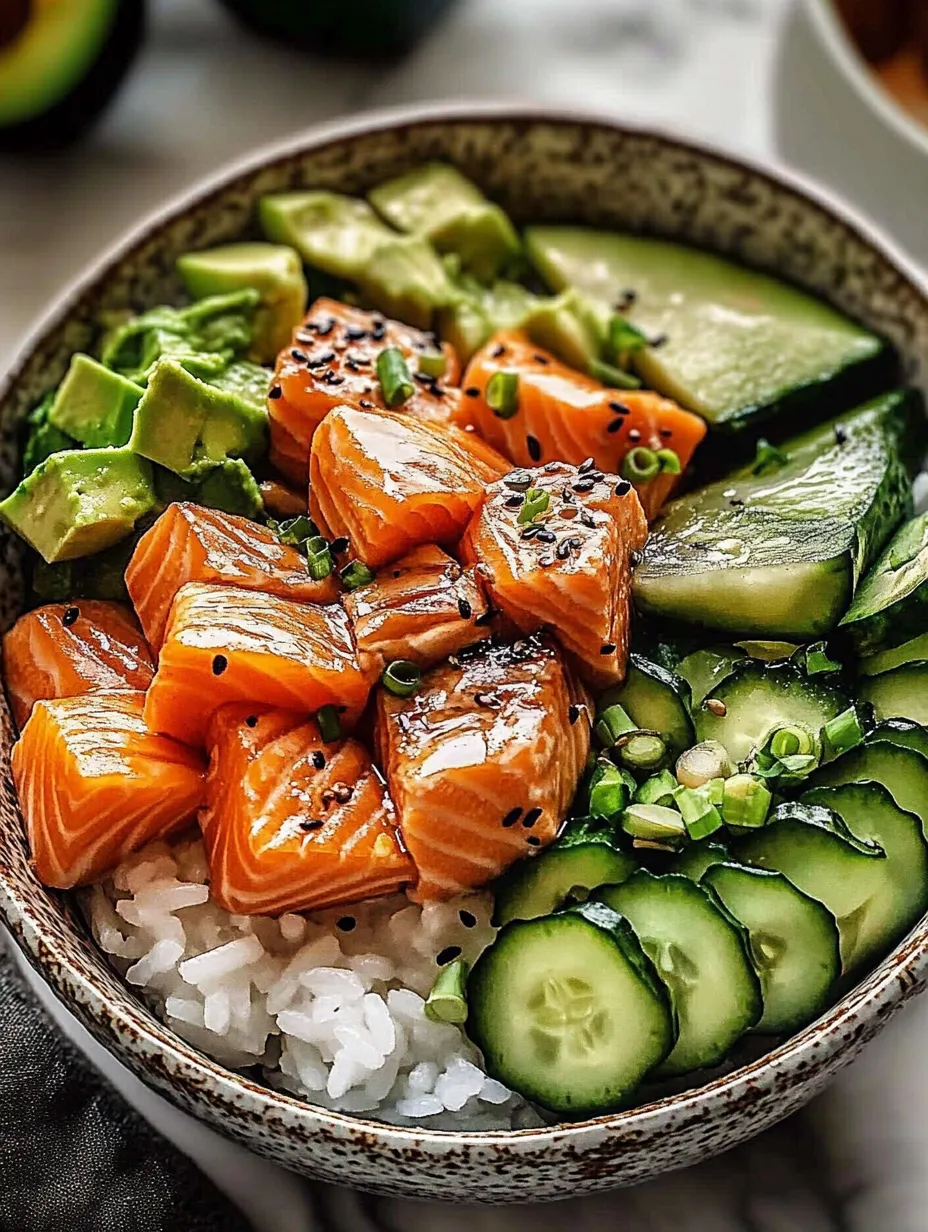 Eine Schale Sushi mit Reis, Gurken und Avocado.