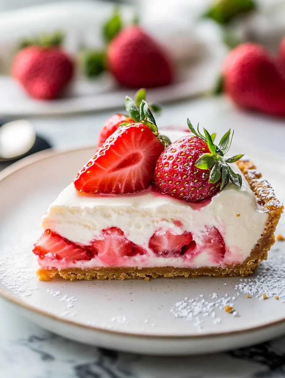 Ein Stück Erdbeer-Käsekuchen mit frischen Erdbeeren obendrauf.