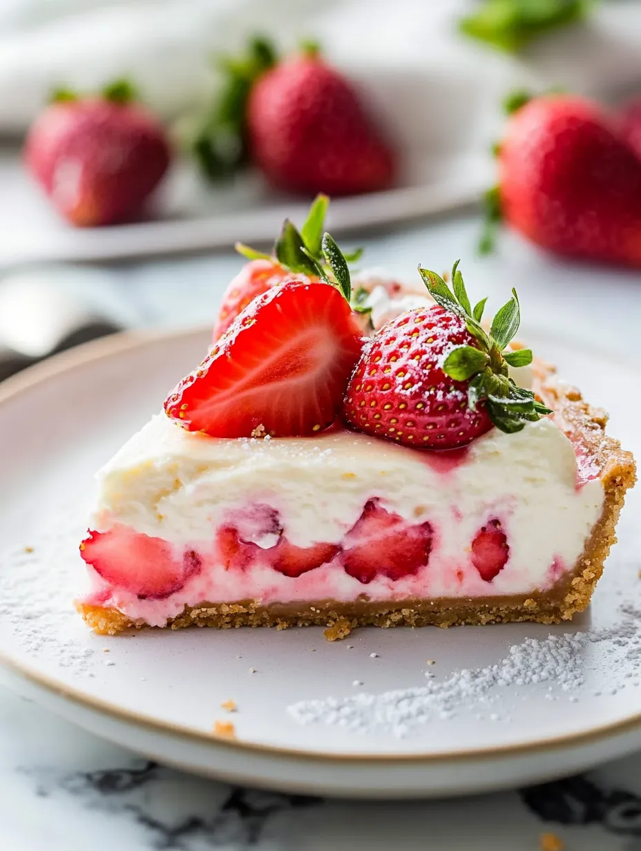 Ein Stück Erdbeer-Käsekuchen mit frischen Erdbeeren obendrauf.