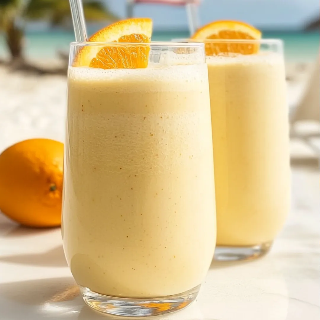 Zwei Gläser Orangensaft mit Orangenstücken darin.