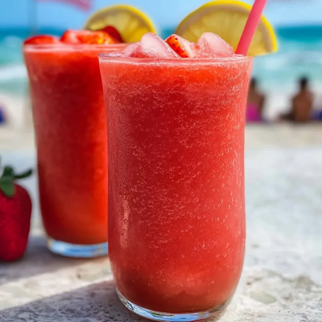 Zwei Gläser mit rotem Drink auf einem Tisch.