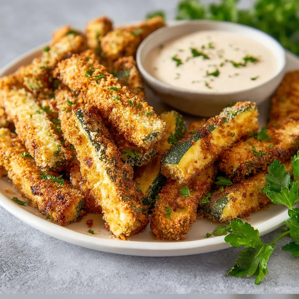 Ein Teller mit gebackener Zucchini und einer Schale Dip.