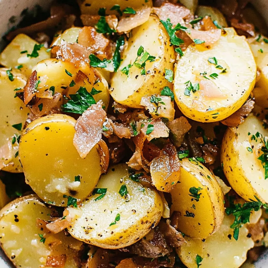Eine Schüssel mit Kartoffeln und Zwiebeln.