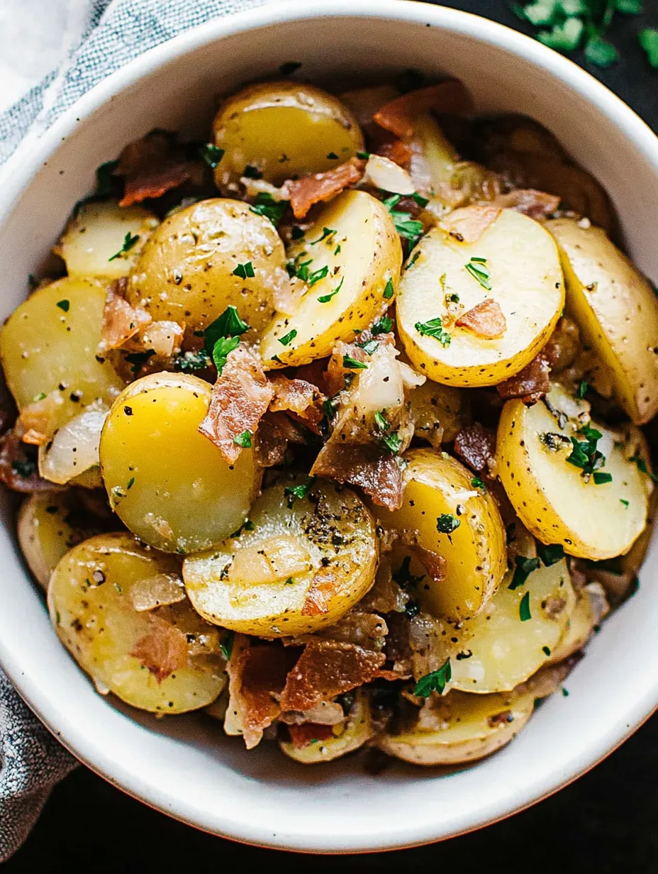 Eine Schüssel Kartoffeln mit Bacon und Kräutern.
