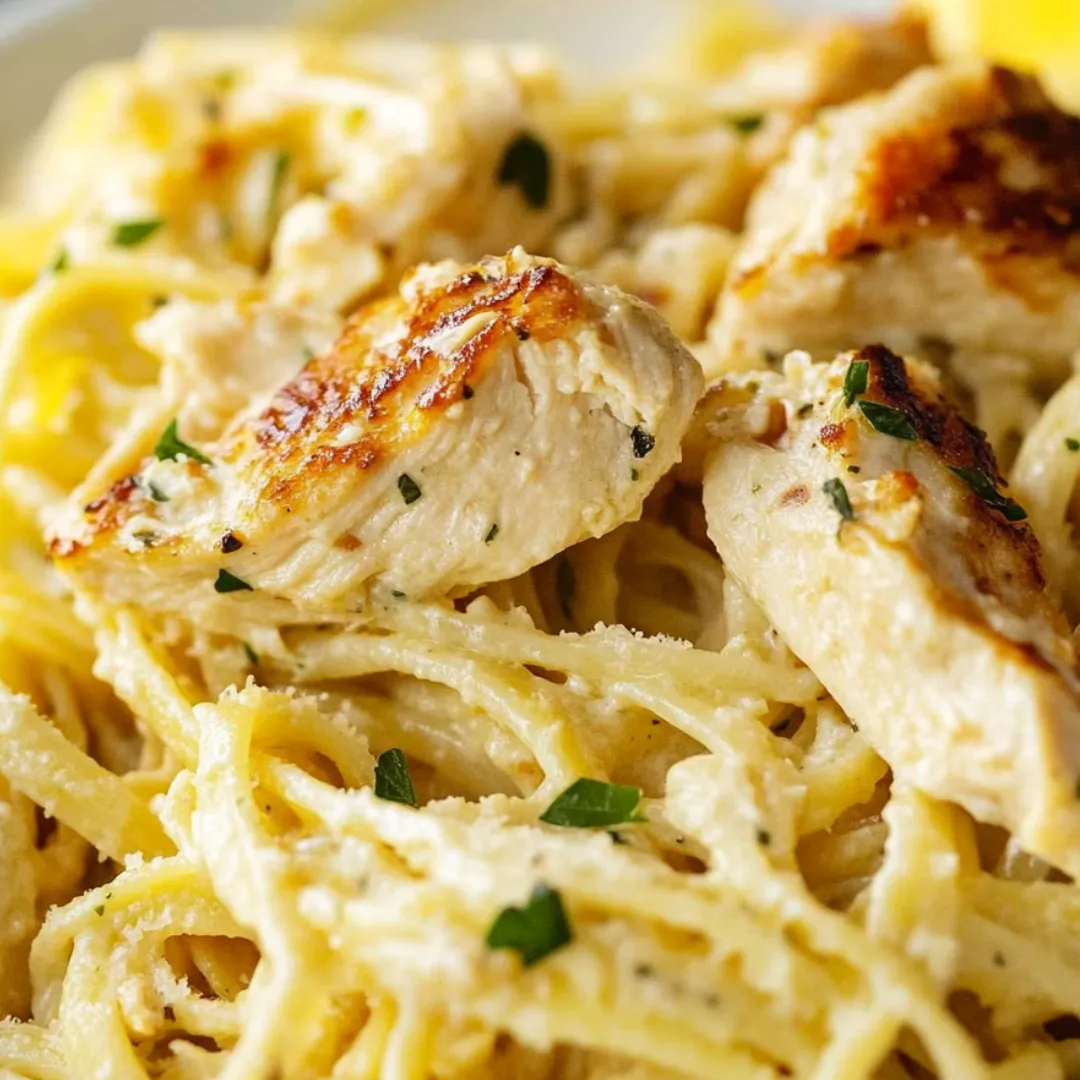 Ein Teller Pasta mit zartem Hähnchen obendrauf.