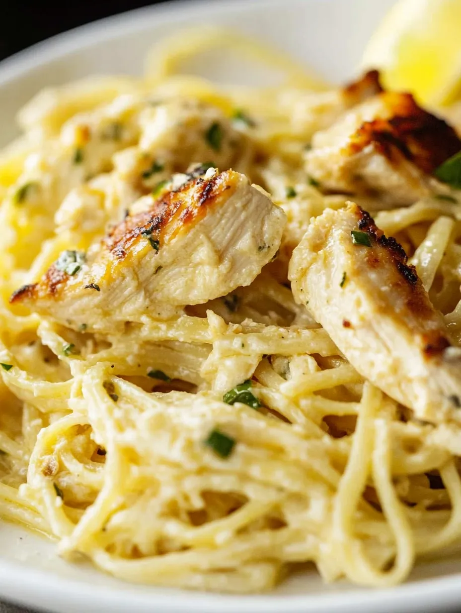 Ein Teller Pasta mit Hähnchen und frischen Kräutern.