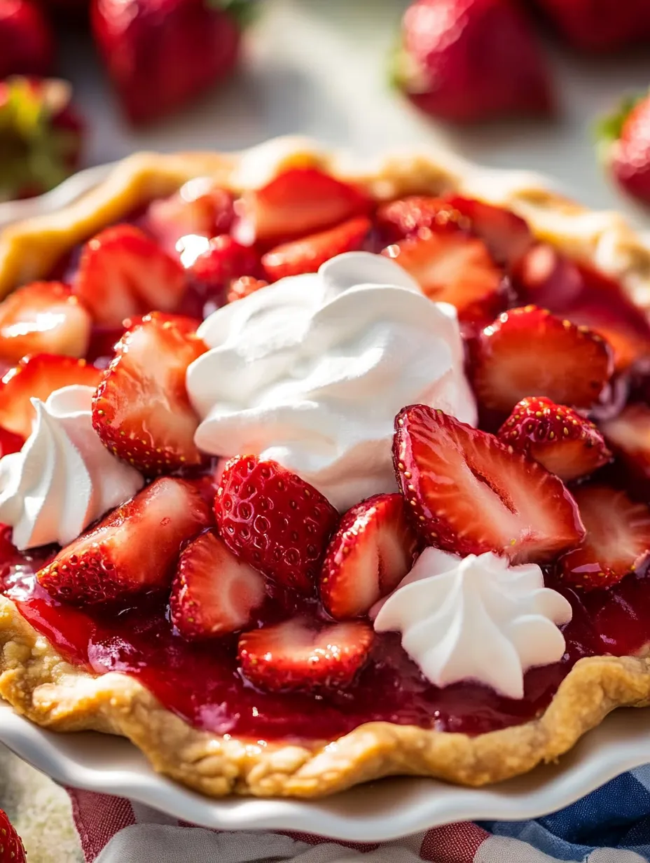 Ein Tortenstück mit Sahne und Erdbeeren obendrauf.