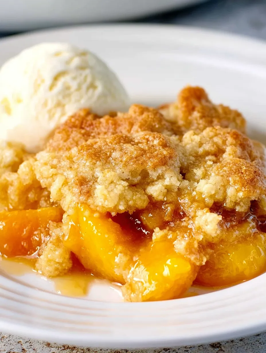 Dessert mit Vanilleeis und Pfirsichauflauf.