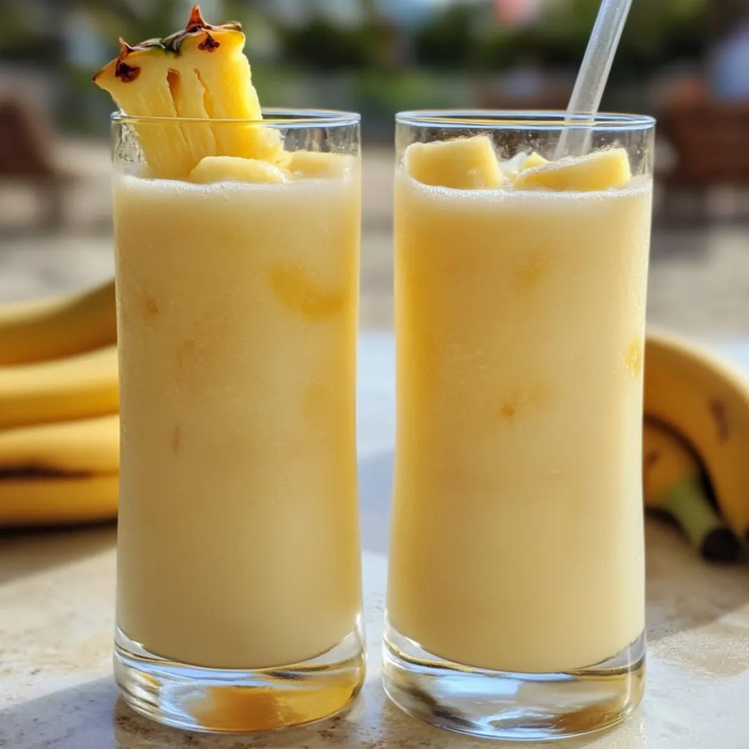 Zwei Gläser Ananassaft und Banane.