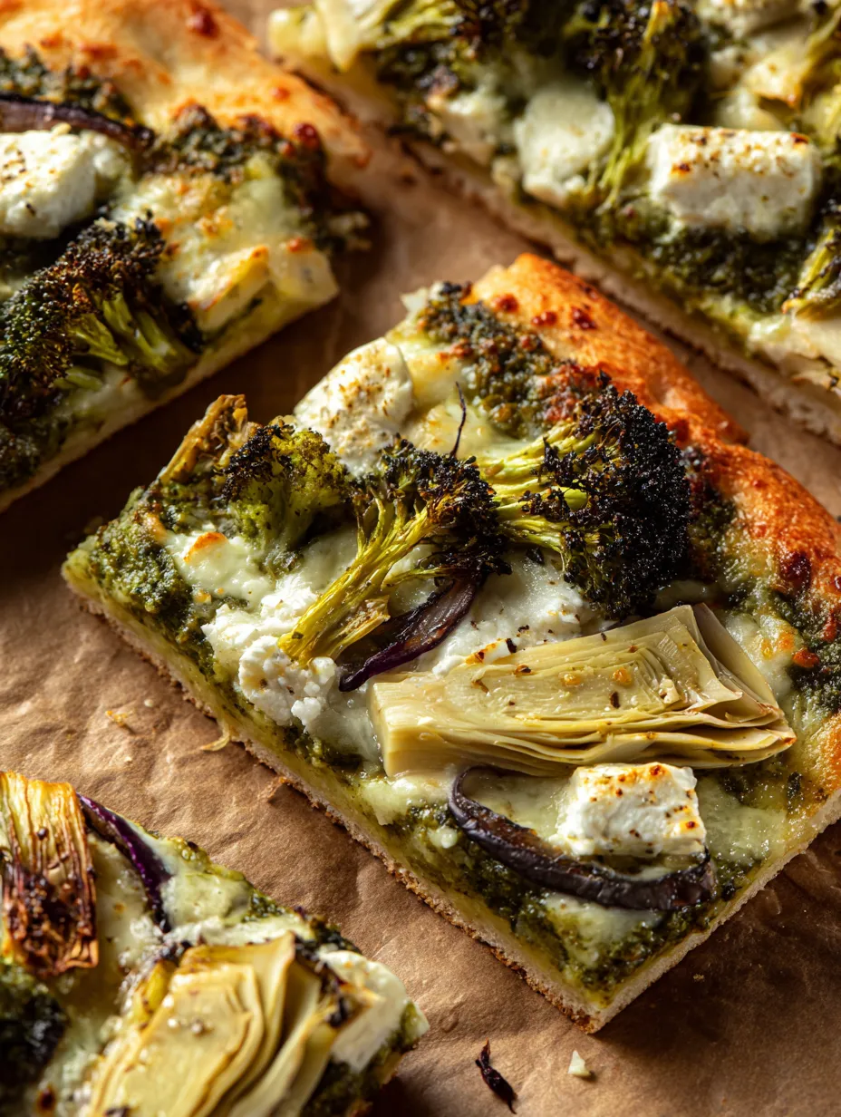 Ein leckeres Pizzastück mit Brokkoli drauf.