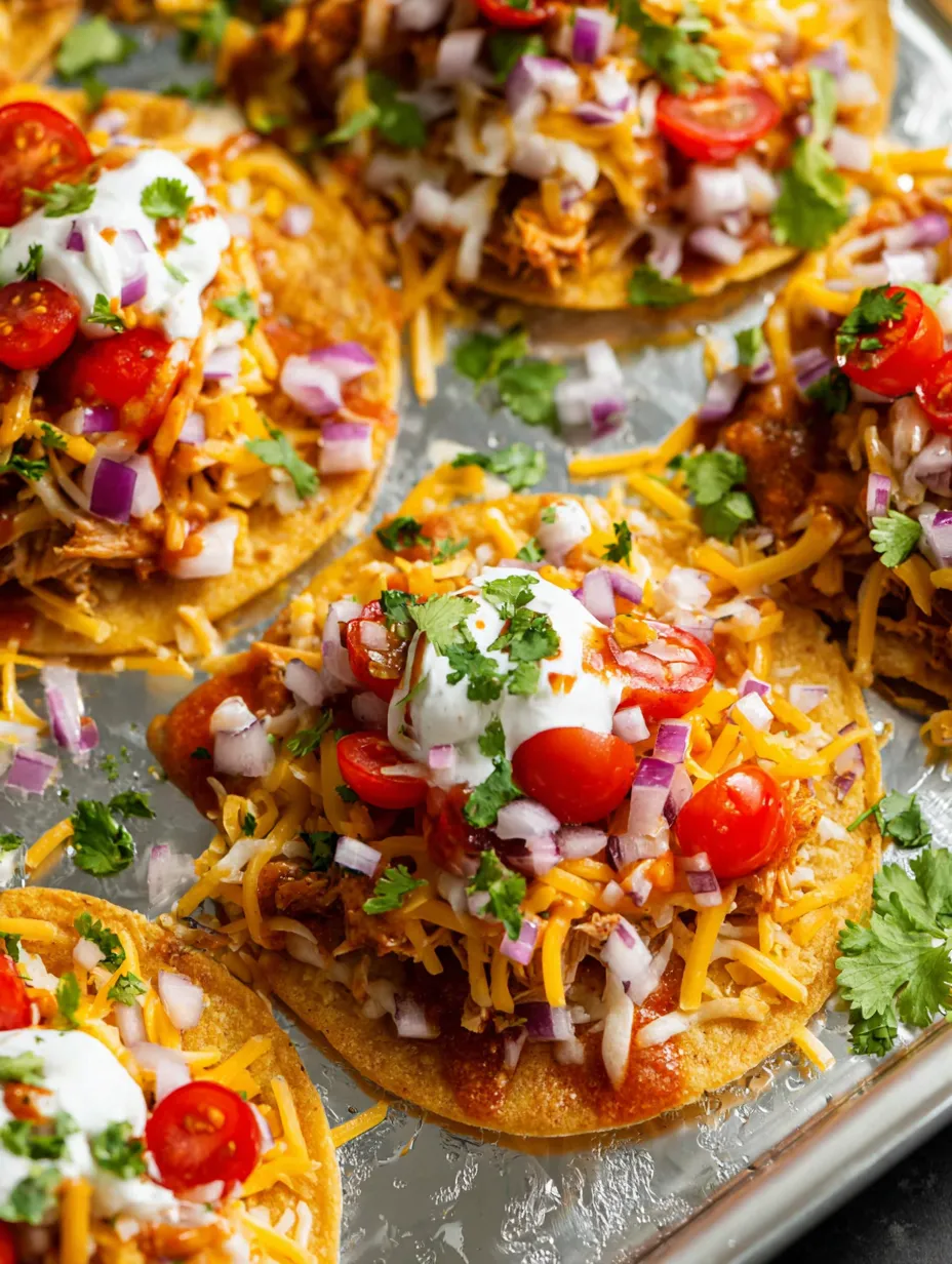 Ein Blech mit knusprigen Mini-Tostadas, dazu etwas weiße Soße obendrauf.