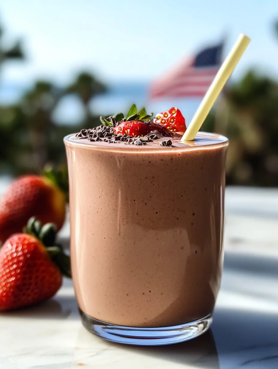 Ein Glas Schokosmoothie mit Erdbeeren obendrauf.