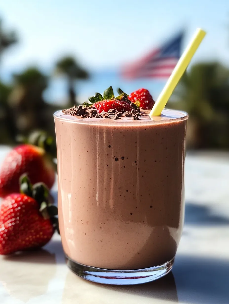 Ein Glas Schokosmoothie mit Erdbeeren obendrauf.