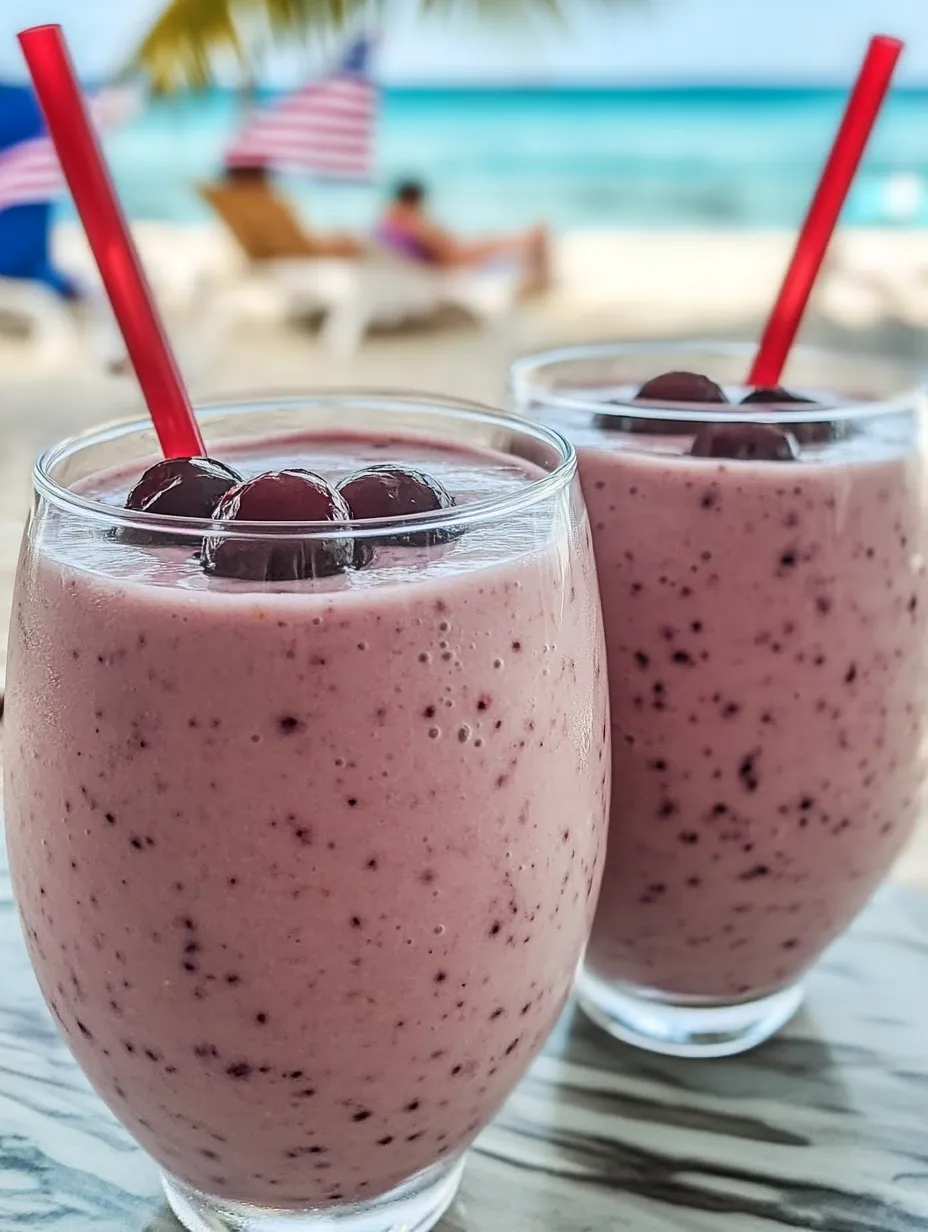 Zwei Gläser mit Smoothie und Blaubeeren.