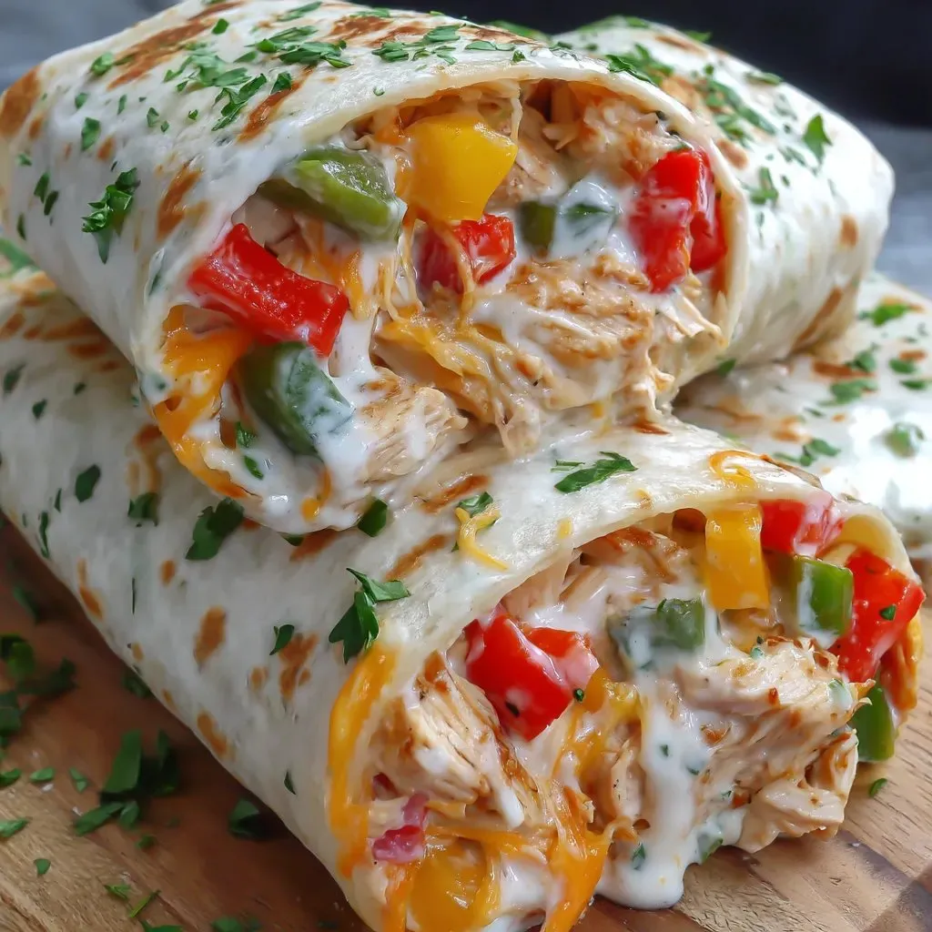 Ein Wrap mit Hähnchen, Paprika und Käse.