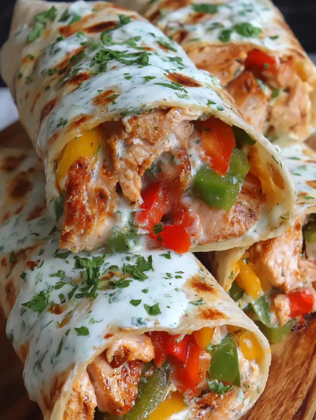 Ein Wrap mit Hähnchen, Paprika und Käse.