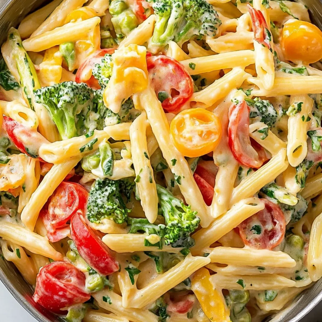 Eine Schüssel Pasta mit Brokkoli und Tomaten.