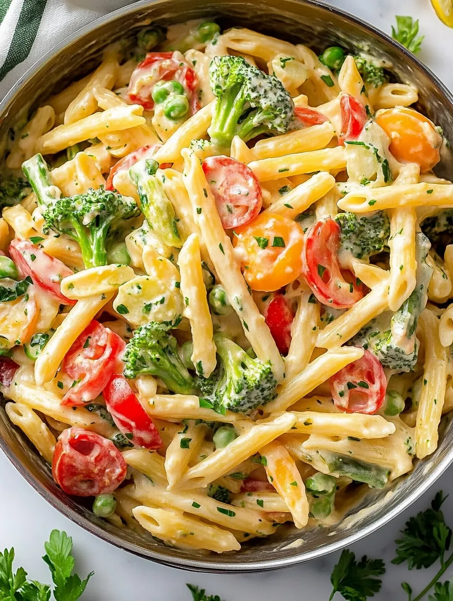 Ein Teller Pasta mit Brokkoli und Tomaten.