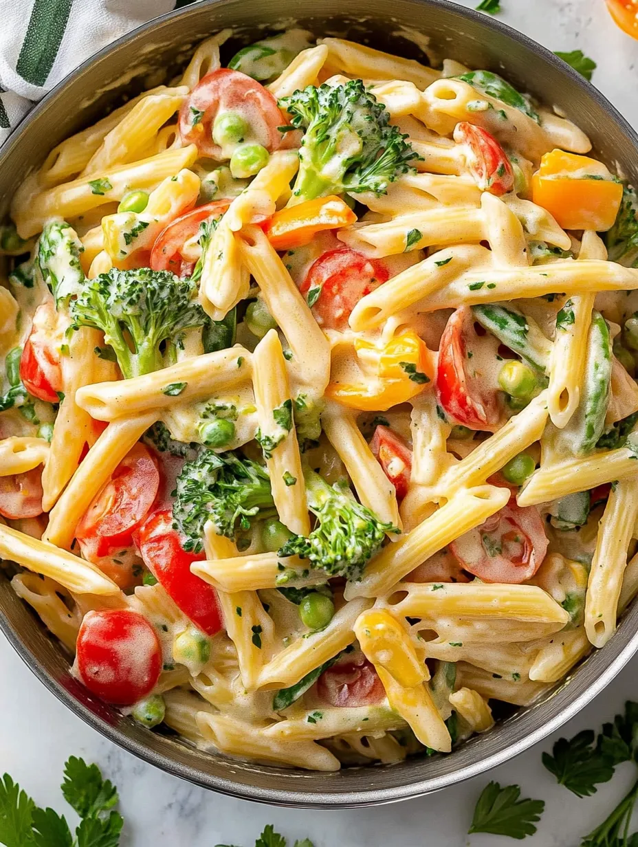 Ein Teller Pasta mit Brokkoli und Tomaten.