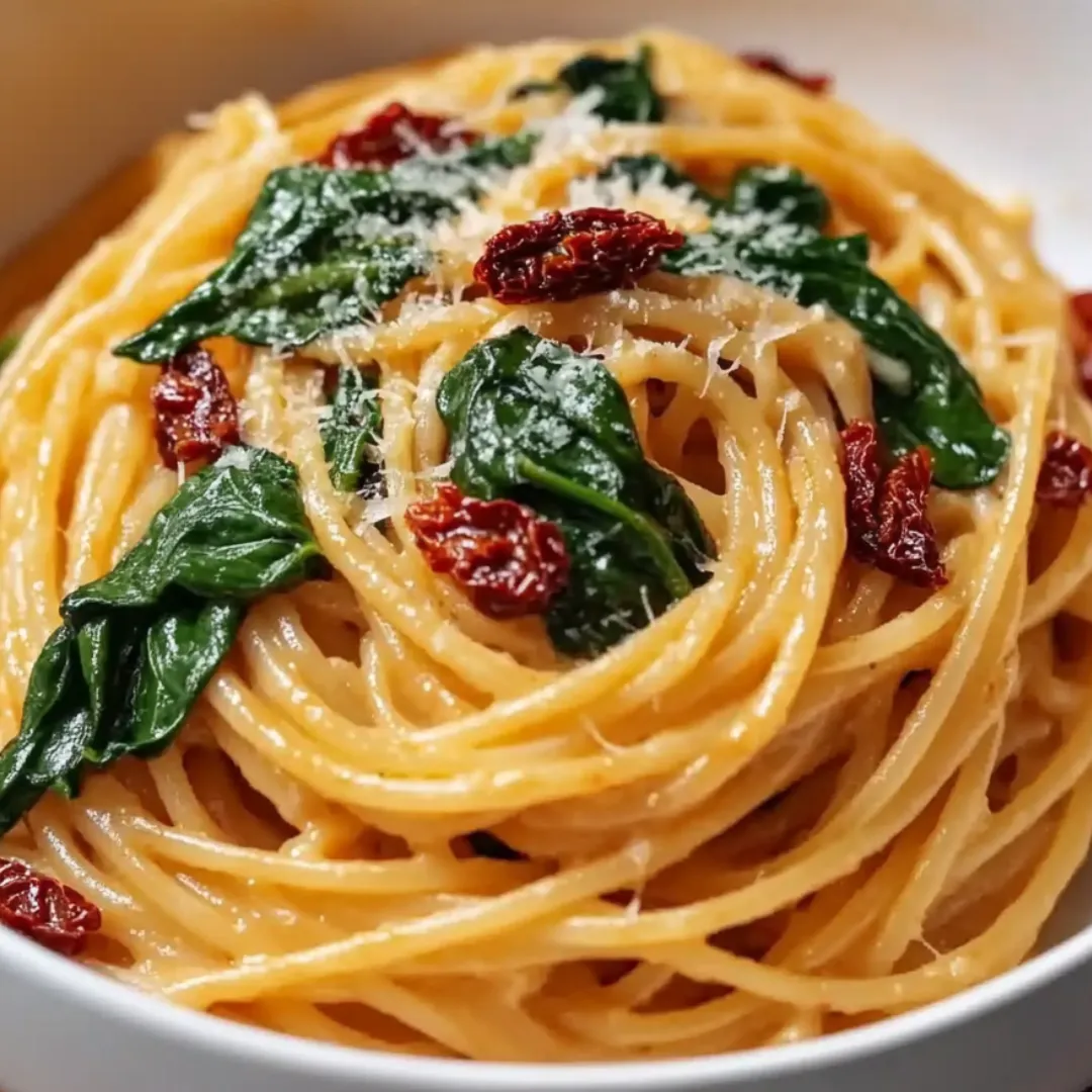Eine Schüssel Pasta mit roten Paprika und Käse.