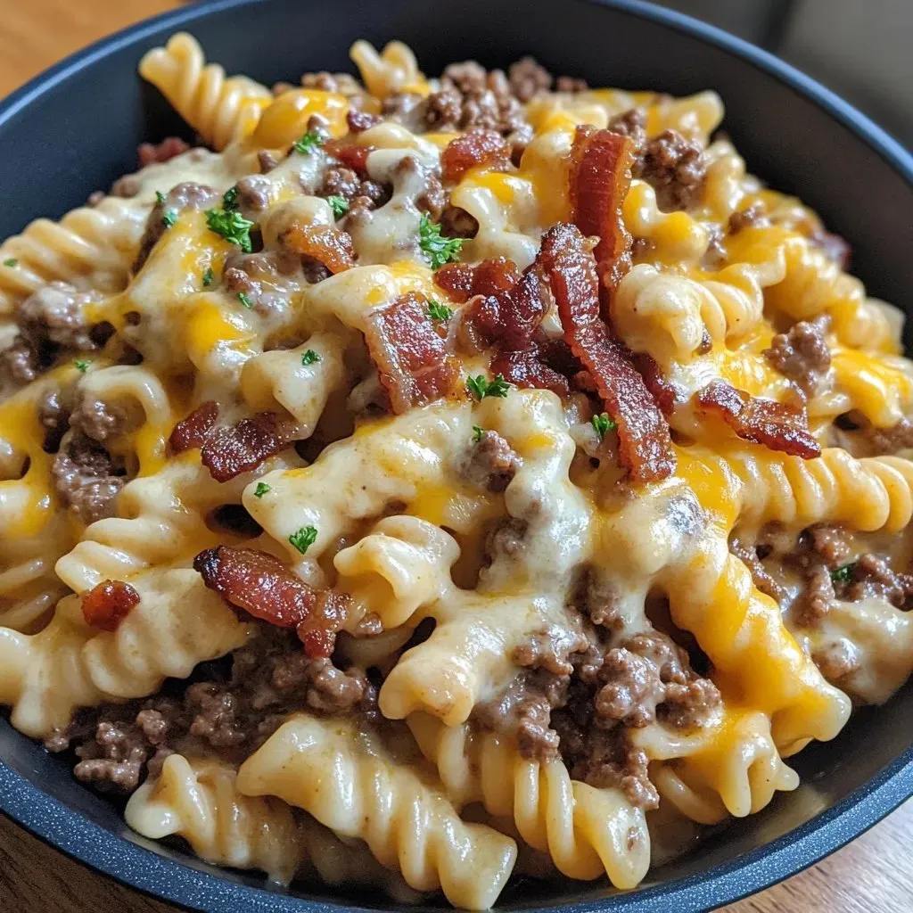 Eine Schüssel mit Pasta, Käse und Fleisch.