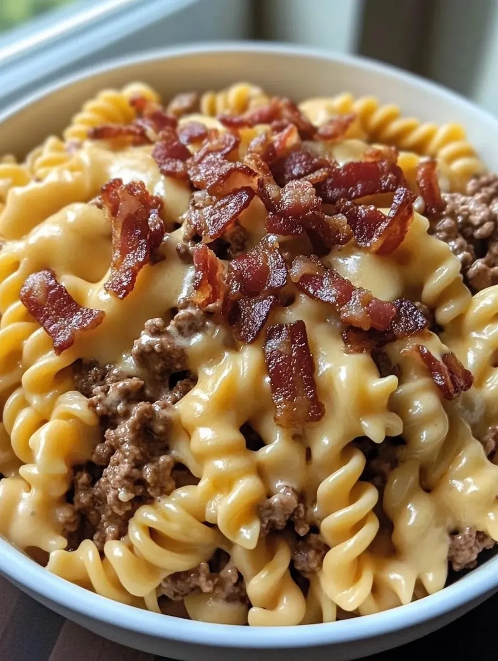 Eine Schüssel Pasta mit Rinderschinken und Käse.