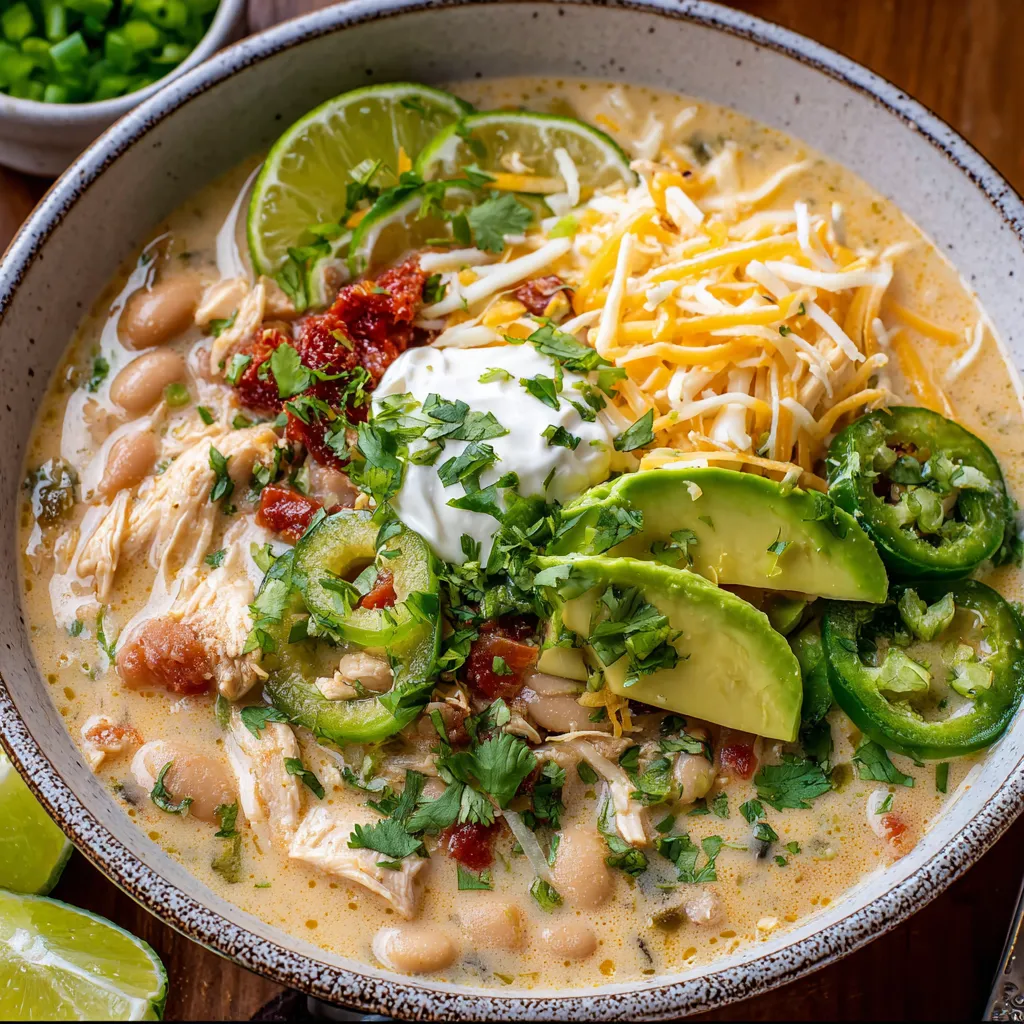 Eine Schüssel Suppe mit Hähnchen, Bohnen und Avocado.