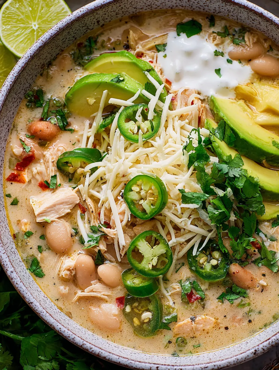 Eine Schüssel Suppe mit Hühnchen, Bohnen, Avocado und Jalapeños.