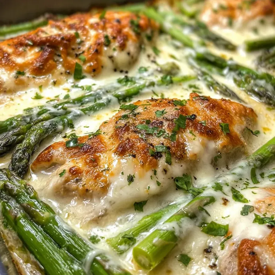 Ein Teller mit Huhn, Spargel und Käse.
