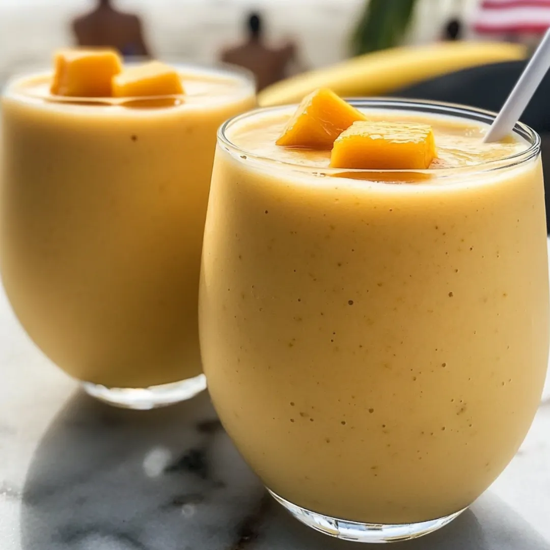Zwei Gläser mit orangefarbenem Smoothie und Pfirsichscheiben obendrauf.