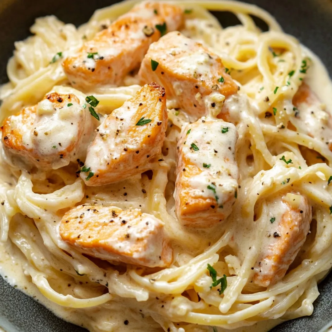 Eine Schale Nudeln mit Lachs und Käse.