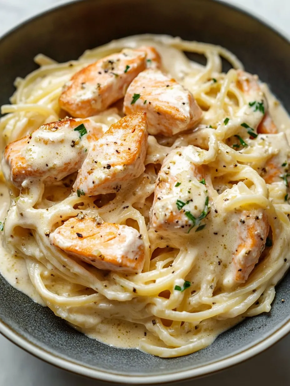 Eine Schale Nudeln mit Hähnchen und Kräutern.