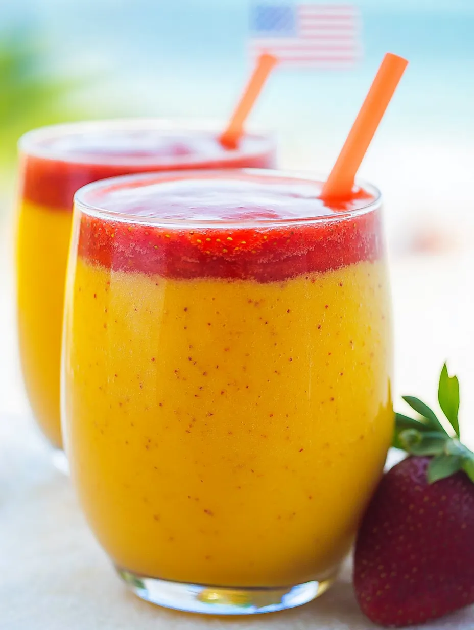 Zwei Gläser O-Saft mit Erdbeeren dekoriert.