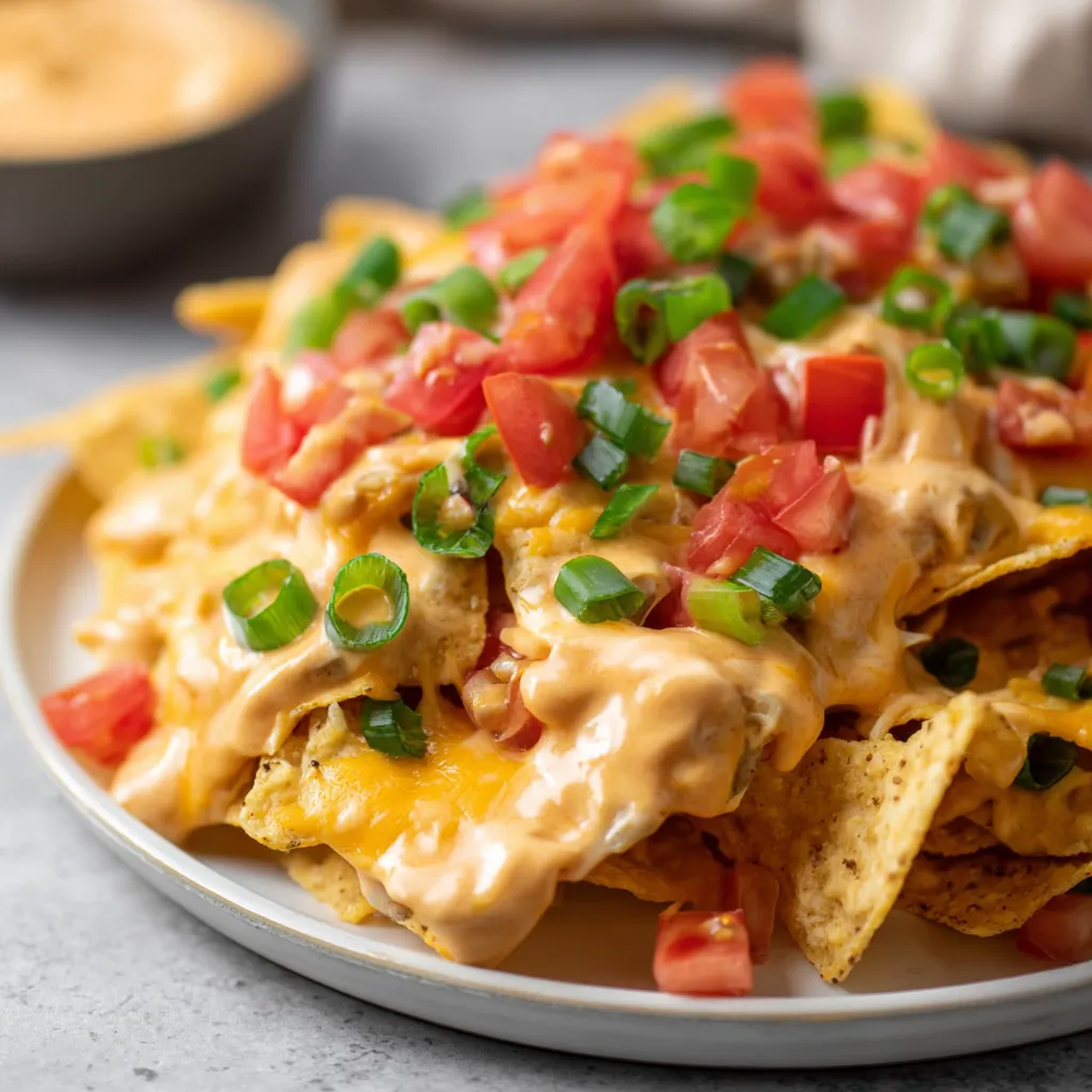 Nachos mit geschmolzenem Käse und Tomaten auf einem Teller.