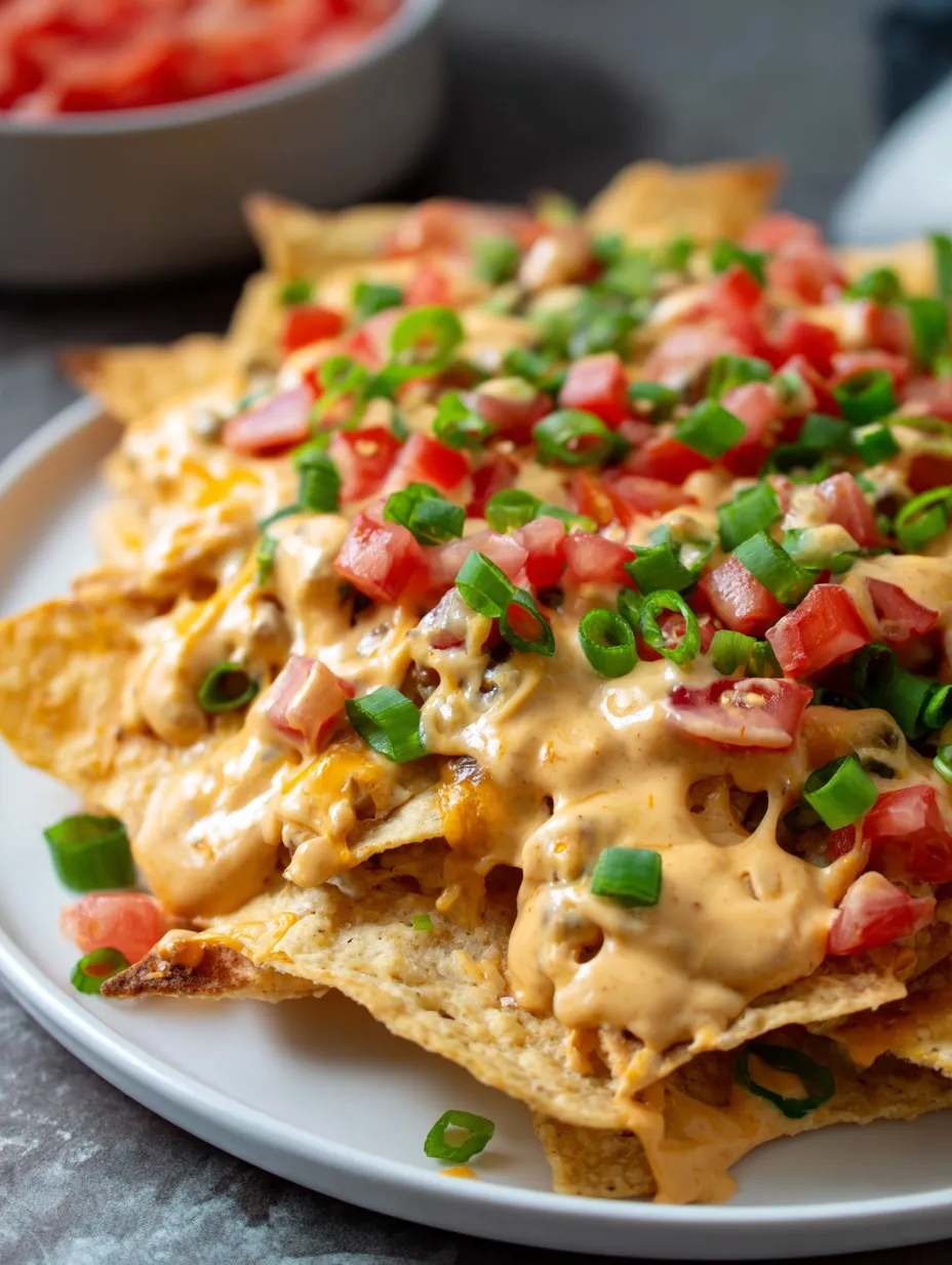 Nachos mit geschmolzenem Käse und Tomaten auf einem Teller.