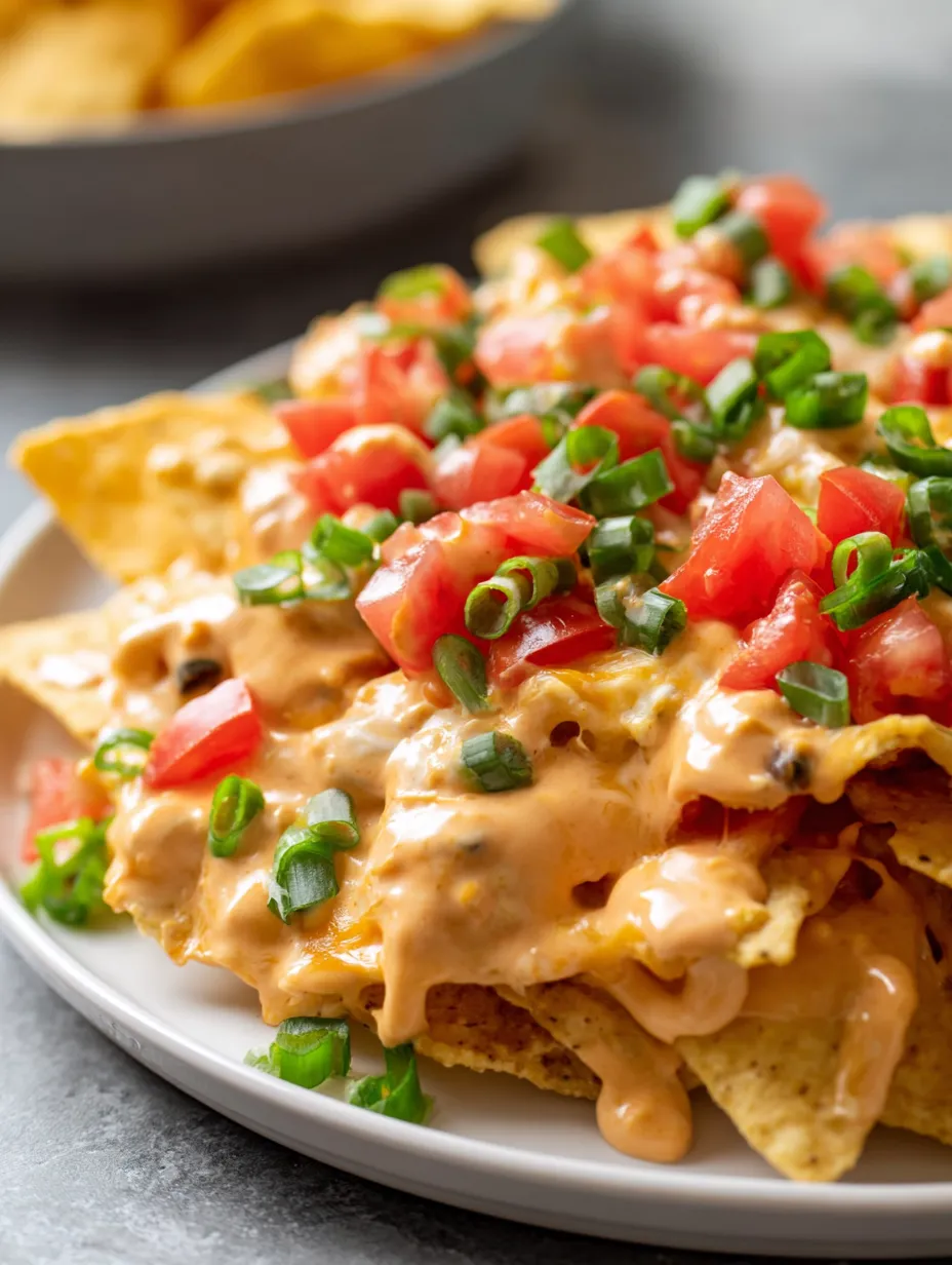 Nachos mit Tomaten und Käse auf einem Teller.